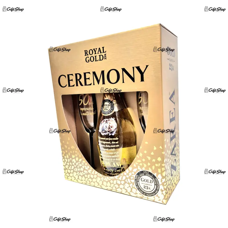 Aniversare 50 ani casatorie, pachet pentru cadou zarea ceremony royal gold 23k alb 0.75l cu 2 pahare personalizat